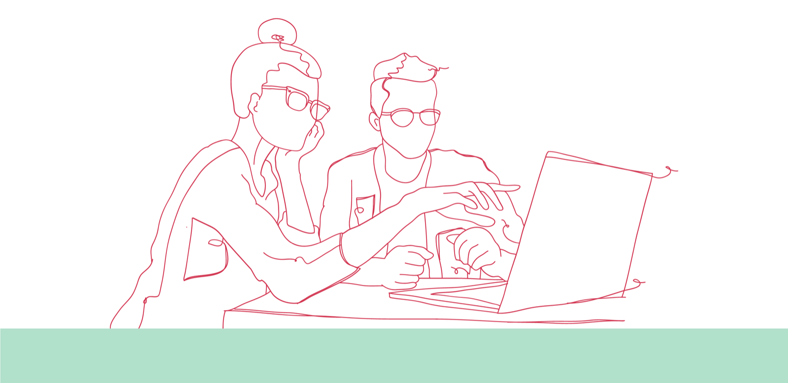 Strichzeichnung von zwei Personen mit Brille, die gemeinsam auf einen aufgeklappten Laptop schauen