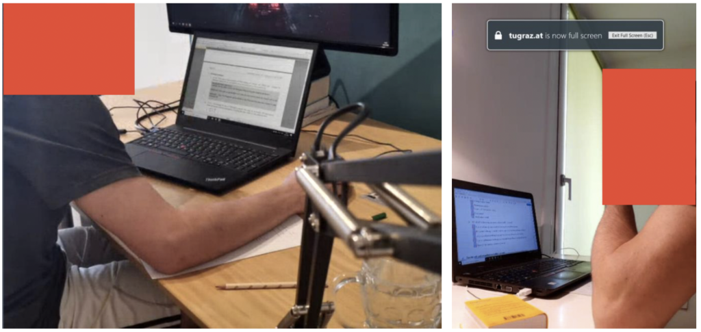 Zwei gute Kamera-Konfigurationen: man sieht zwei Arbeitsplätze, die gut beleuchtet sind, beide Laptop-Bildschirme sind erkennbar, man sieht auch jeweils einen Teil der Arbeitsplatte mit Stiften, Wörterbuch und einem Getränk