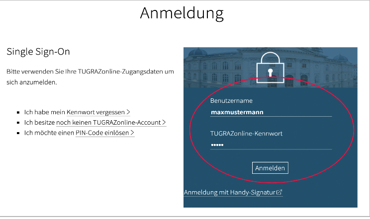 Anmeldefenster mit Single Sign On der TU Graz