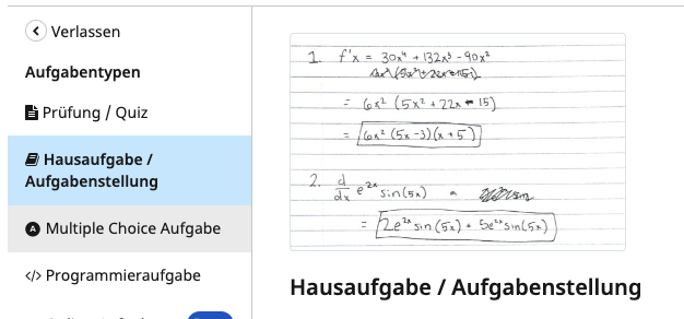 Aufgabentypen-Auswahl beim Erstellen: Hausaufgabe/Aufgabenstellung ist ausgewählt