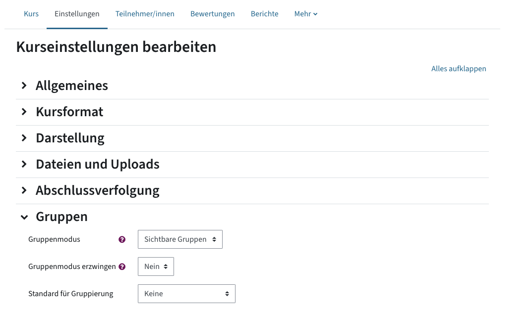 Screenshot der Kurseinstellungen - Gruppen - Gruppenmodus - Sichtbare Gruppen ist aktiviert