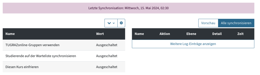 Synchronisationsmenü, angezeigt wird die letzte Synchronisation sowie die Buttons Vorschau und Alle synchronisieren