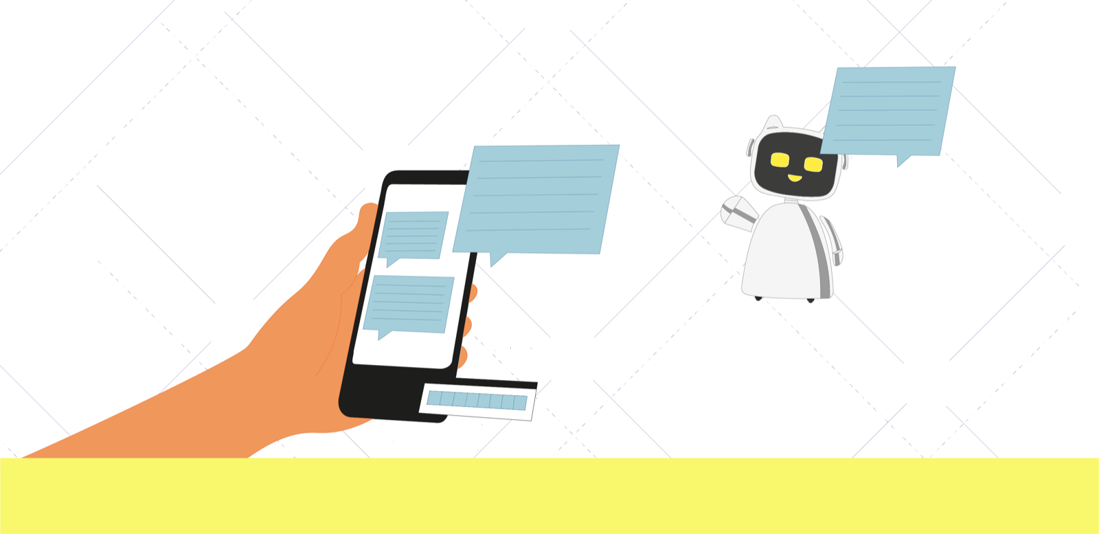 Illustration: eine Hand hält ein Smartphone mit einem Chatverlauf, daneben ein Roboter mit Sprechblase