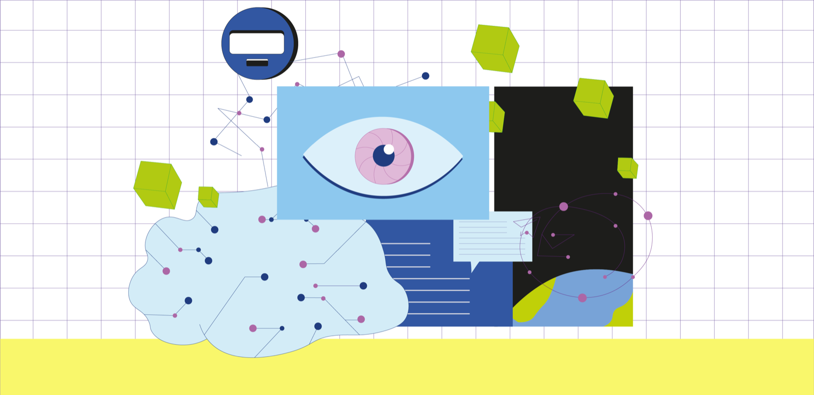 Illustration of a large eye on a screen, next to it a brain made of circuit paths and green cubes