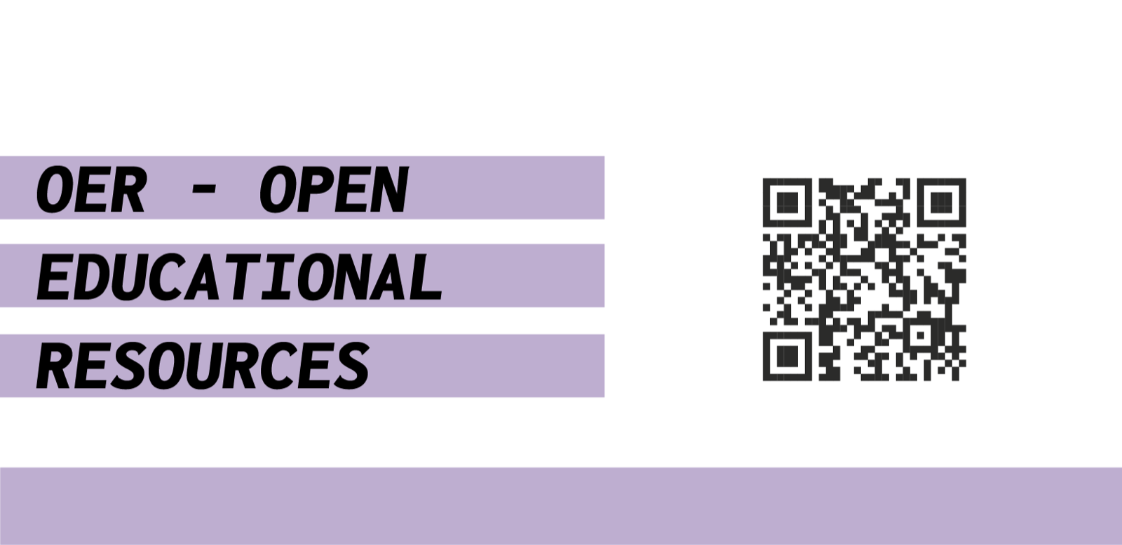 Ein QR-Code neben den Worten OER – Open Educational Resources auf violetten Streifen