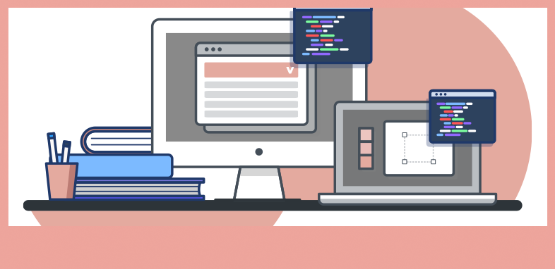 Illustrierter Computer und Laptop mit aufklappbarem Akkordion und stilisierten Codeschnipseln
