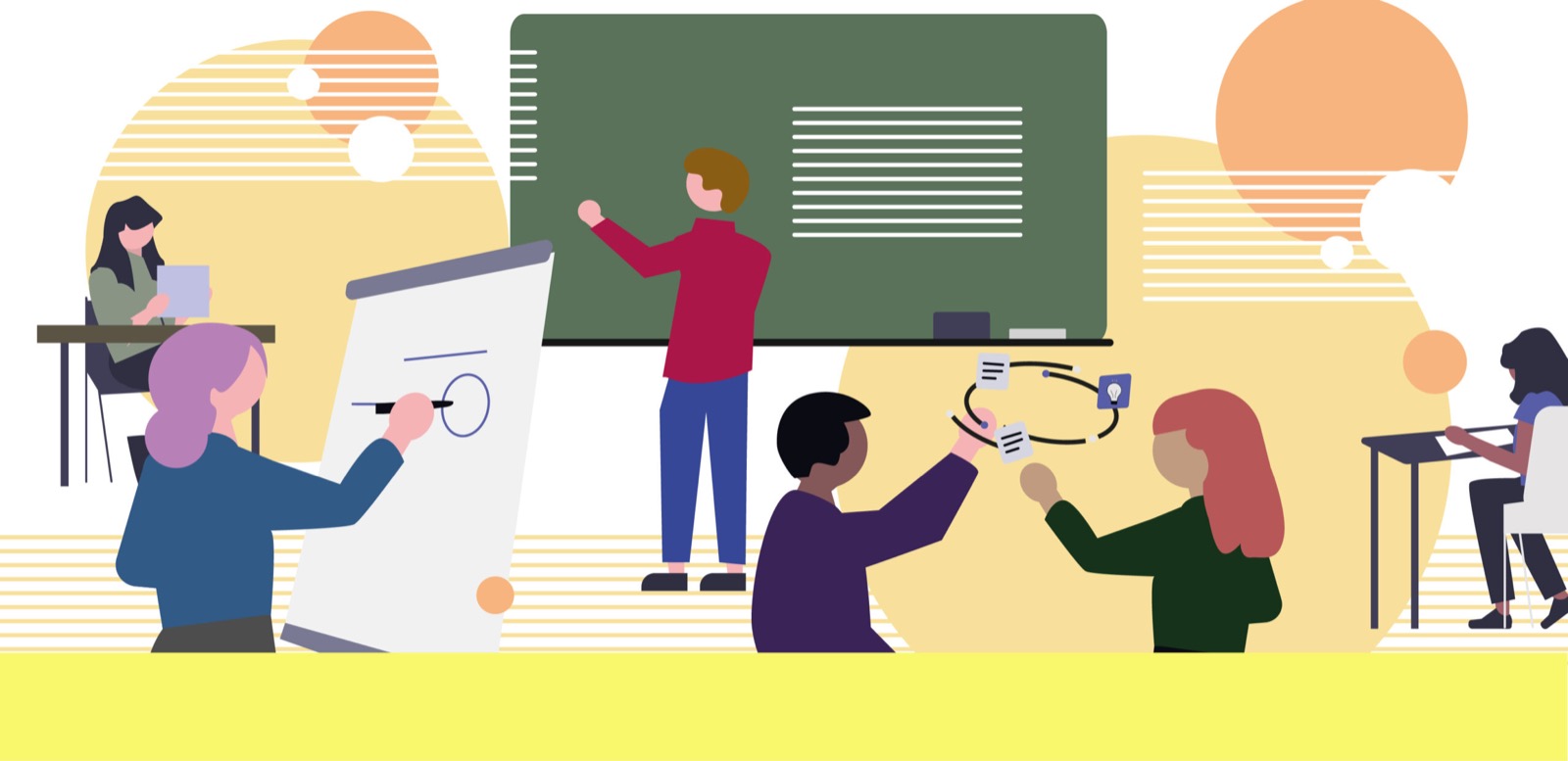 Illustration von Studierenden, die aktiv arbeiten: sie zeichnen, kommunizieren, lesen