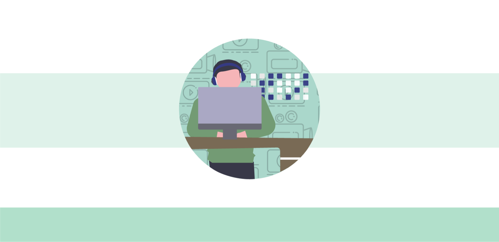 eine Person mit Kopfhörern, die vor einem Computer steht
