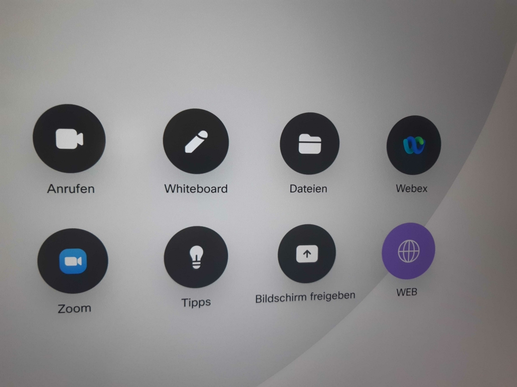 Menüpunkte Anrufen, Whiteboard, Dateien, Webex, Zoom, Tipps, Bildschirm freigeben, Web