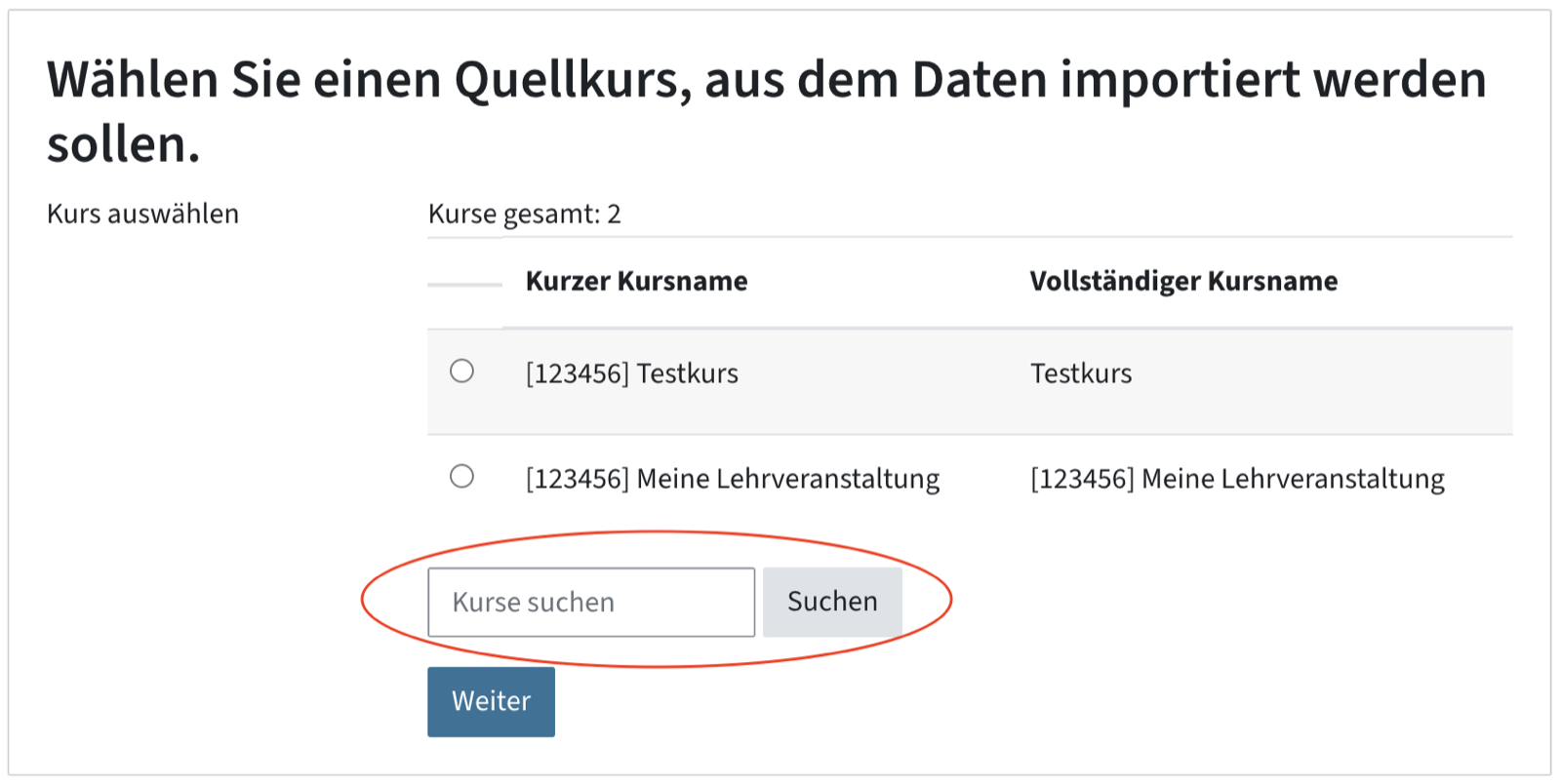 Suchfeld für Kurse; darüber aufgelistet die möglichen Quellkurse