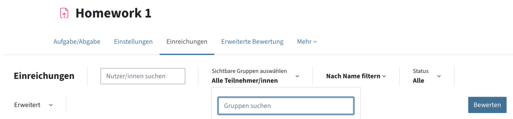 Screenshot aus der Bewertung einer Abgabe, Lehrende sehen ein Dropdown-Menü „Sichtbare Gruppen auswählen