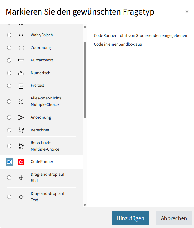 Fragetyp-Auswahl: Coderunner ist eine der Optionen