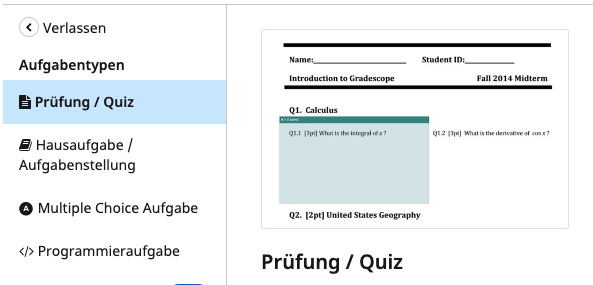 Aufgabentypen-Auswahl beim Erstellen: Prüfung/Quiz ist ausgewählt