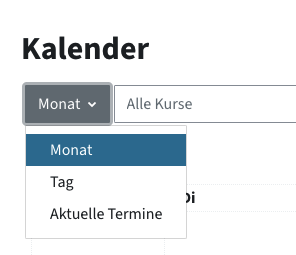 Auswahl zwischen Monat, Tag und Aktuelle Termine bei der Kalendernansicht