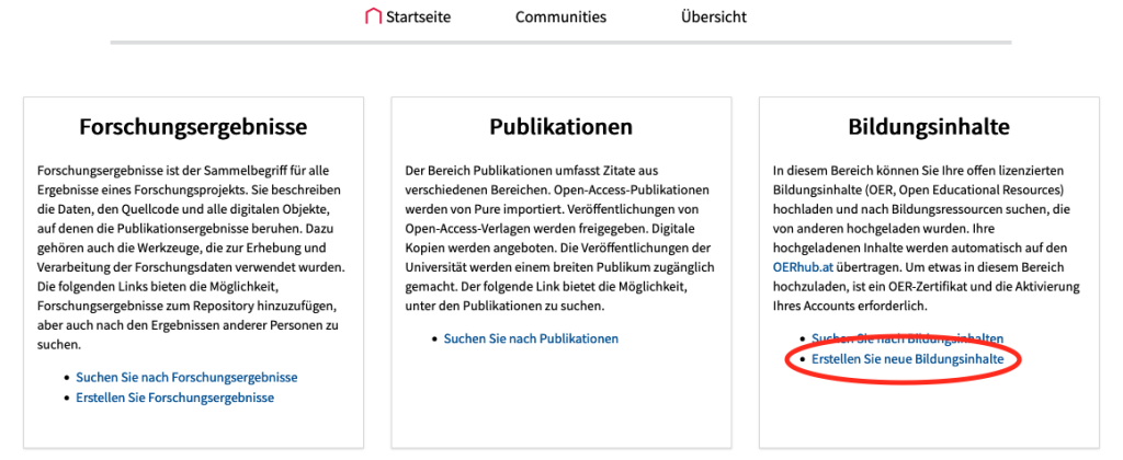 Button Erstellen SIe neue Bildungsinhalte auf Homepage