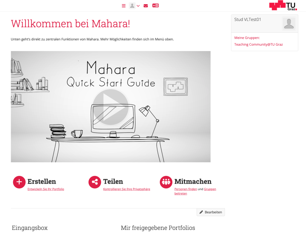 Dashboard, wenn man eingeloggt ist mit einem Quick Start Video, der Eingangsbox und einer Übersicht über wichtige Funktionen