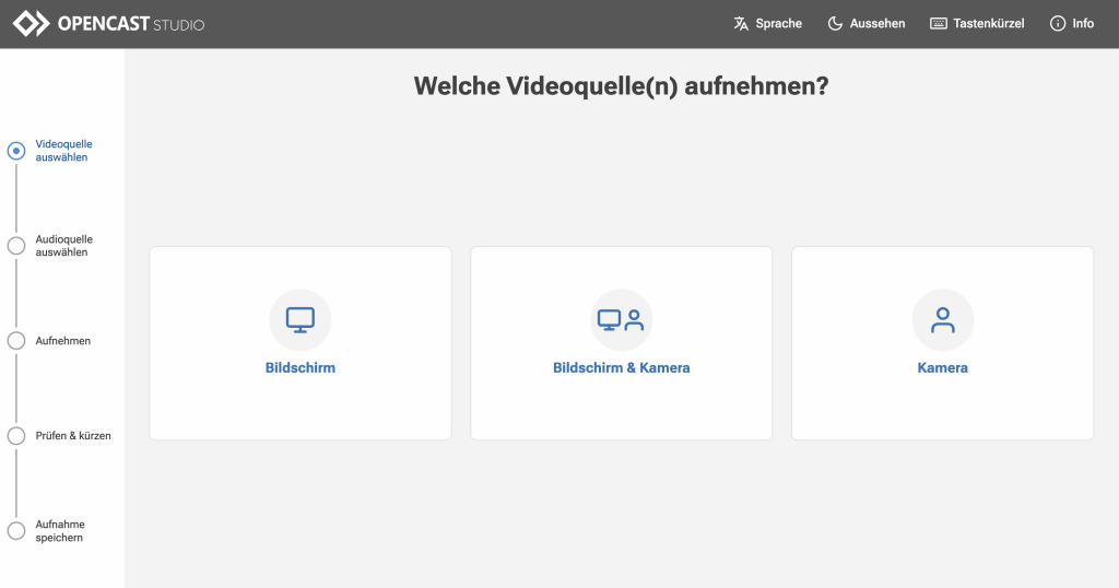 In Videoquelle auswählen entscheiden Sie, ob die nur den Bildschirm, nur die Kamera oder beides aufnehmen möchten.