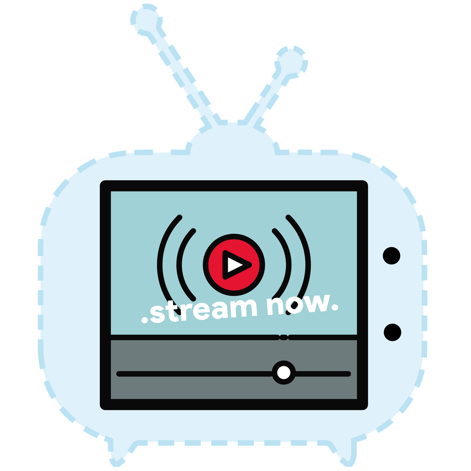 Sticker zum Beitrag: ein Fernseher mit Play-Button und Text "Stream Now"