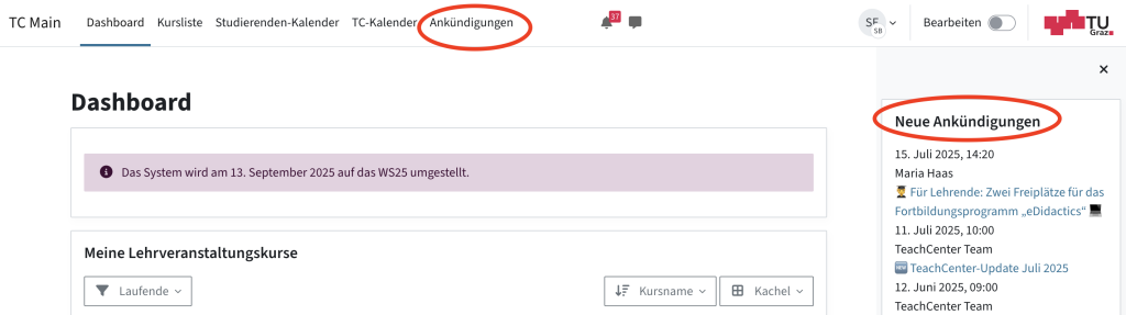 TeachCenter-Dashboard, in der Navigationsleiste ist Ankündigungen rot markiert, rechts das offene Feld Neue Ankündigungen mit datierten Einträgen