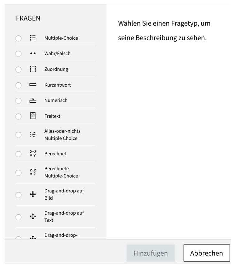 Screenshot aus dem TeachCenter: Fragetypen