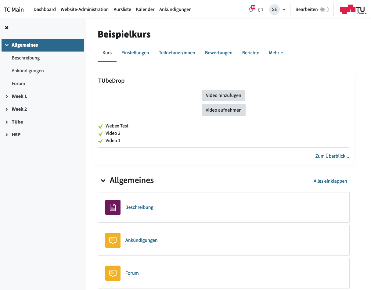 Abbildung Kurs mit Kursindex links und Hauptmenü oben