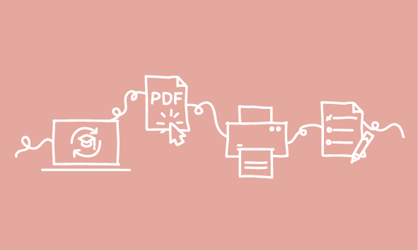 Sticker zum Beitrag: Strichzeichnung von Laptop, PDF-Datei, Drucker und ausgefülltem Prüfungsbogen