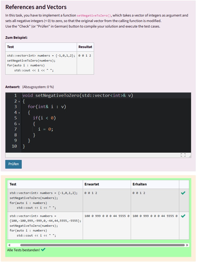 Screenshot aus dem Coderunner: oben ist eine Aufgabenstellung für Studierende, dann folgt ein Eingabefeld und unten die Testfälle und Ergebnisse