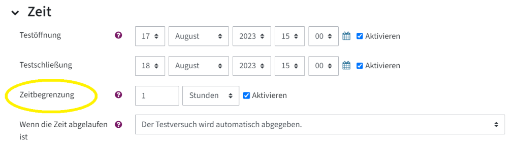 Hier ist in den Einstellungen bei "Zeit" eine Zeitbegrenzung von einer Stunde eingestellt. Das Wort "Zeitbegrenzung" ist gelb eingekreist.