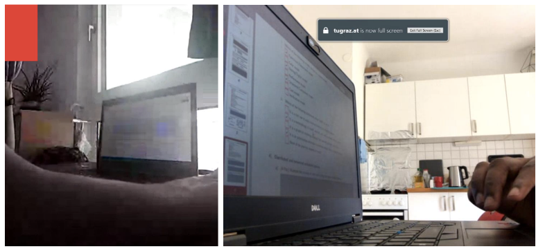 Screenshot von schlechten Kamera-Konfigurationen: der Hintergrund ist zu hell oder es ist eher eine Küche als der Bildschirm zu sehen, die Bilder sind verpixelt
