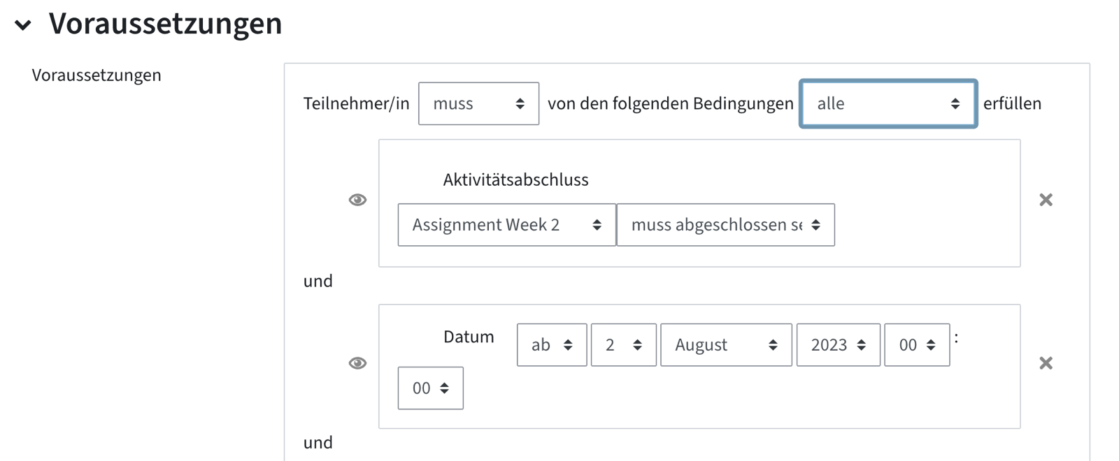 Voraussetzungen, bei denen "alle" erfüllt sein muss; die Voraussetzungen sind mit "und" verknüpft