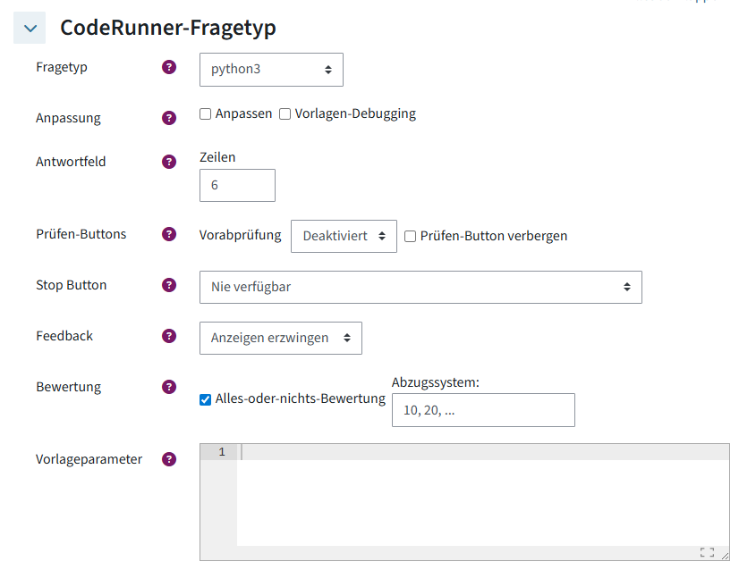 Programmiersprache, Größe des Antwortfelds, Art der Punktevergabe und Feedback wird in Grundeinstellungen definiert