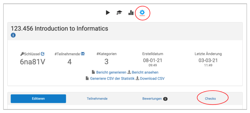 KnowledgeCheckR-Prüfung: Klick auf das blaue Zahnrad, dann Checks