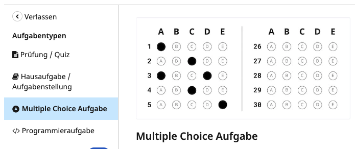 Aufgabentypen-Auswahl beim Erstellen: Bubble Sheet ist ausgewählt