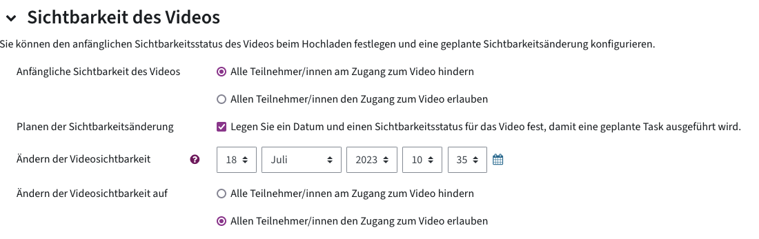 Screenshot des Menüs, wo die Sichtbarkeit eingestellt werden kann, inkl. Sichtbarkeit für später planen