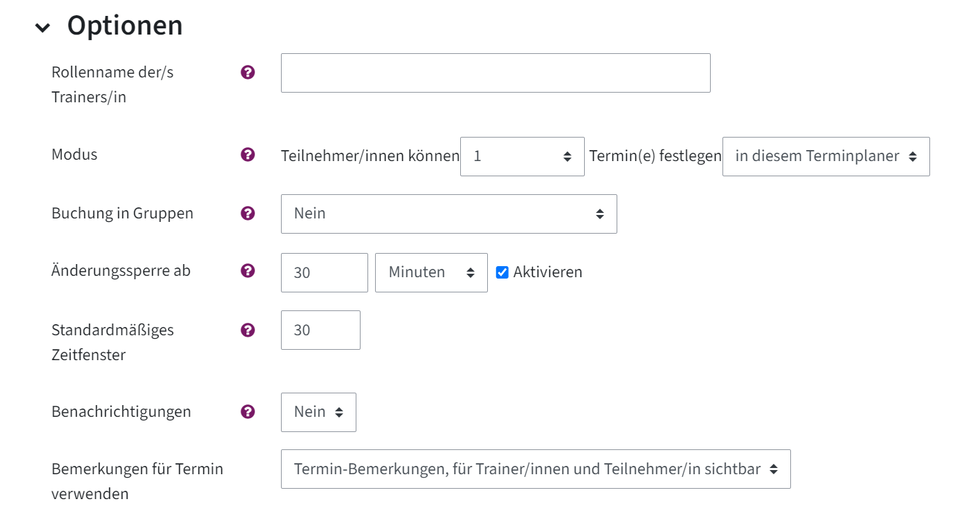 Man sieht alle Optionen, die man hat, wenn man ein Zeitfenster anlegen will.