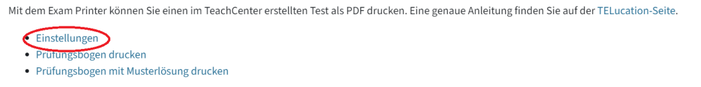 Hier sieht man im Abschnitt Exam Printer die Kategorien Einstellungen, Prüfungsbogen drucken und Prüfungsbogen mit Musterlösung drucken. Einstellungen sind rot markiert.