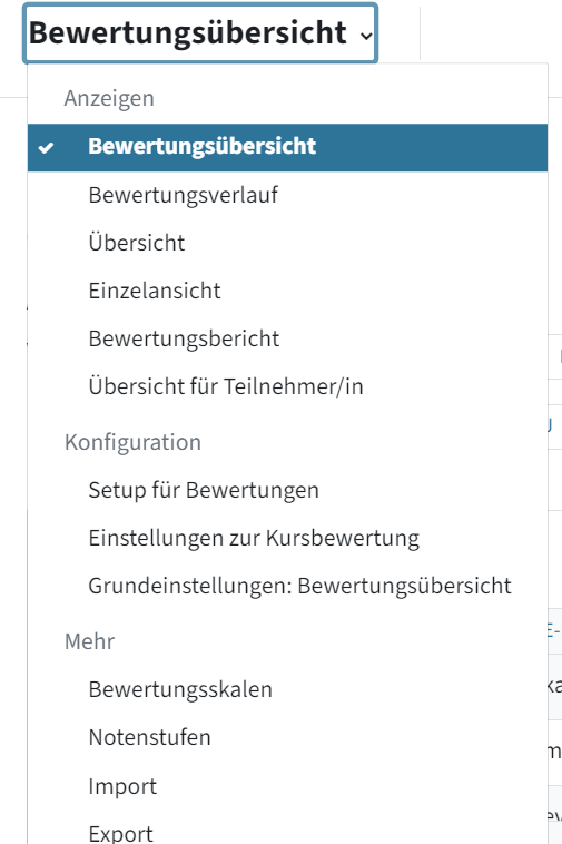 Hier sieht man das geöffnete Dropdown-Menü zur Bewertungsübersicht. Man sieht: Bewertungsübersicht, Bewertungsverlauf, Übersicht, Einzelansicht, Bewertungsbericht, Übersicht für Teilnehmer/in, Setup für Bewertungen, Einstellungen zur Kursbewertung, Grundeinstellungen: Bewertungsübersicht, Bewertungsskalen, Notenstufen, Import und Export