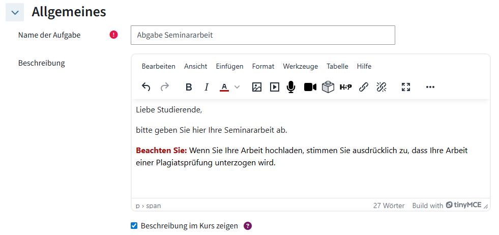 Aufgaben-Aktivität im TeachCenter, in der Beschreibung steht, dass Studierende der Plagiatsprüfung zustimmen, wenn sie sie hier hochladen.