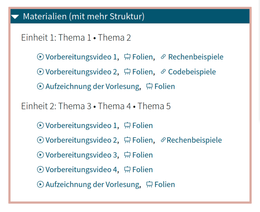 ein aufgeräumter TeachCenter-Abschnitt mit verlinkten Aktivitäten
