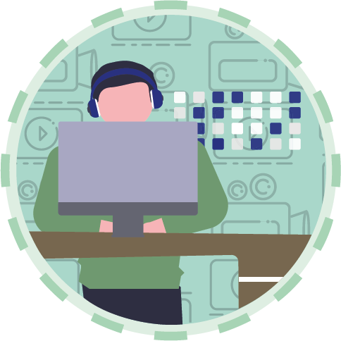 Sticker zum Beitrag: eine Person mit Kopfhörern, die vor einem Computer steht