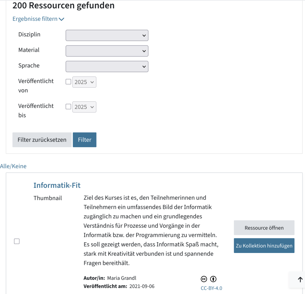 Filter ist aufgeklappt, man kann nach Disziplin, Material, Sprache oder Jahr filtern. Darunter eine Liste der Ergebnisse. Jedes Ergebnis hat zwei Buttons: Öffnen oder zur Kollektion hinzufügen.