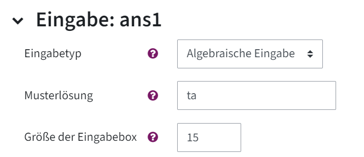 Hier sieht man die Einstellungen der STACK-Frage, man muss eine Antwort ausfüllen.