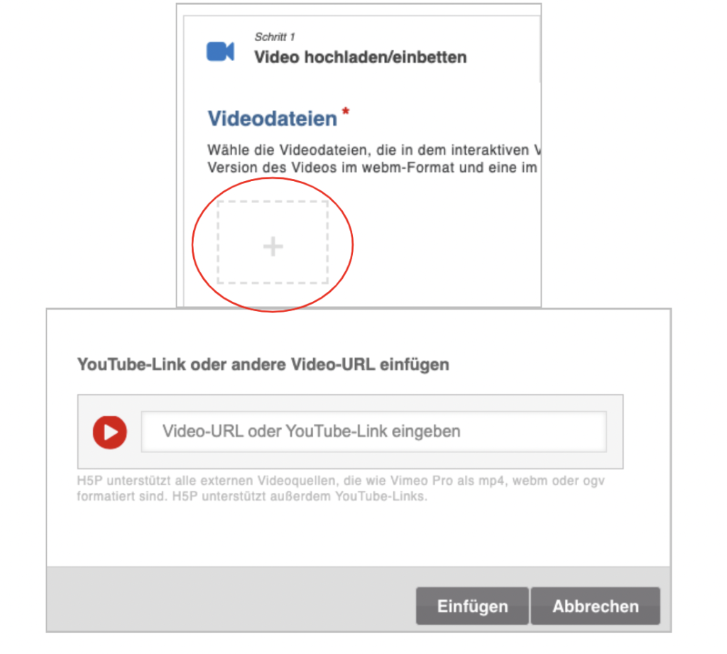 Screenshot des Videodateien-Bereich, durch Klick auf das Plus oder Eingabe einer URL kann man ein Video hinzufügen