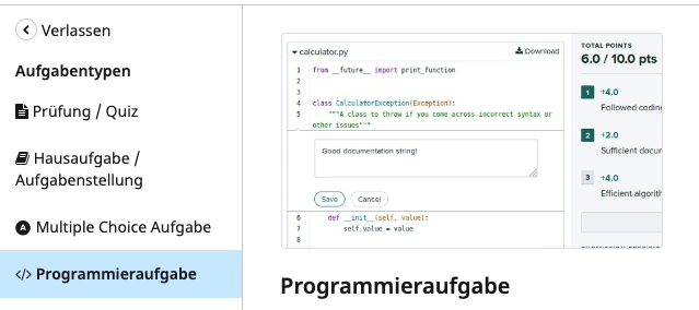 Menü zum Anlegen einer neuen Aufgabe: Programmieraufgabe ist ausgewählt