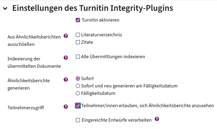Screenshot aus den Einstellungen des Turnitin-Plugins bei einer Abgabeaktivität
