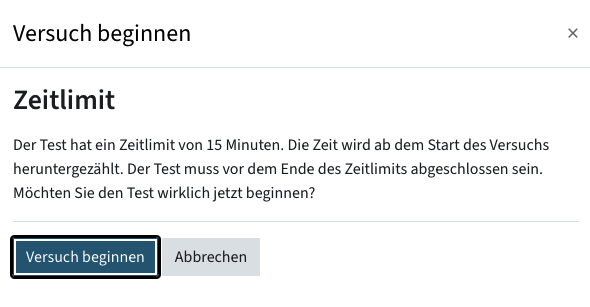 Pop-up mit Information zum Zeitlimit und Button Versuch beginnen