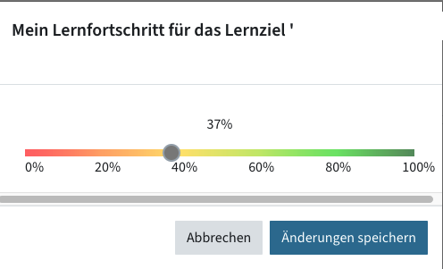 Screenshot des Menüs Mein Lernfortschritt, mit einem Schieberegler können die Prozente eingestellt werden, wie gut das Lernziel erreicht wurde