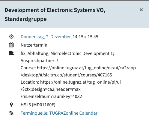 Detailansicht eines Termins mit Datum, Ort und Link zu TUGRAZonline