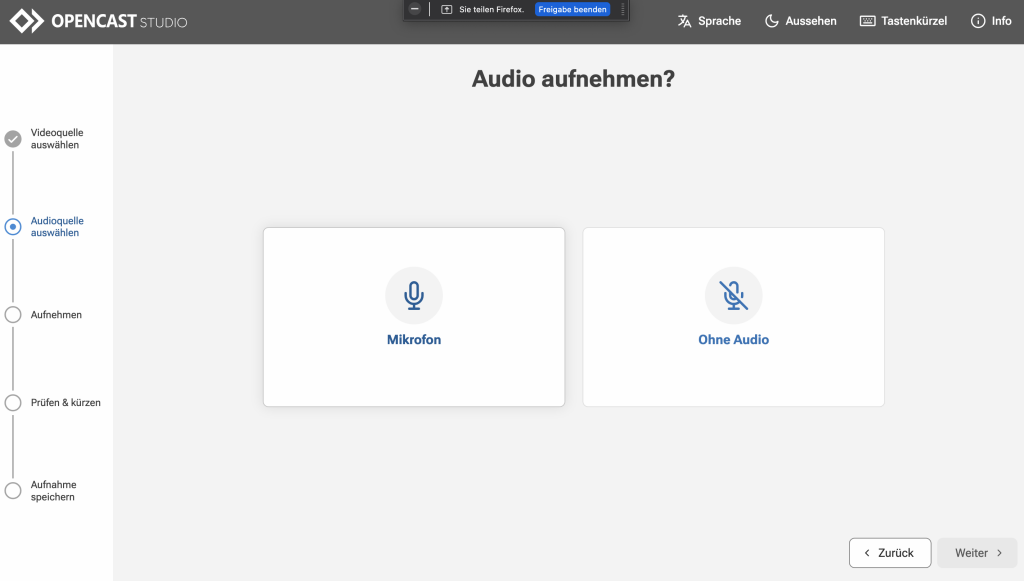 In Audioquelle auswählen legen Sie fest, ob sie mit oder ohne Mikrofon aufzeichnen möchten.
