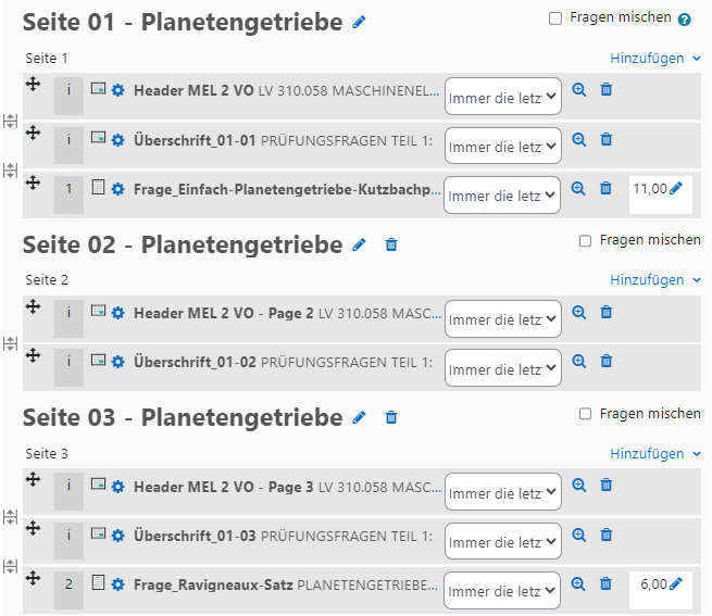 Screenshot eines Tests, bei dem die Zufallsfragen durch konkrete Fragen aus der Fragensammlung ersetzt wurden